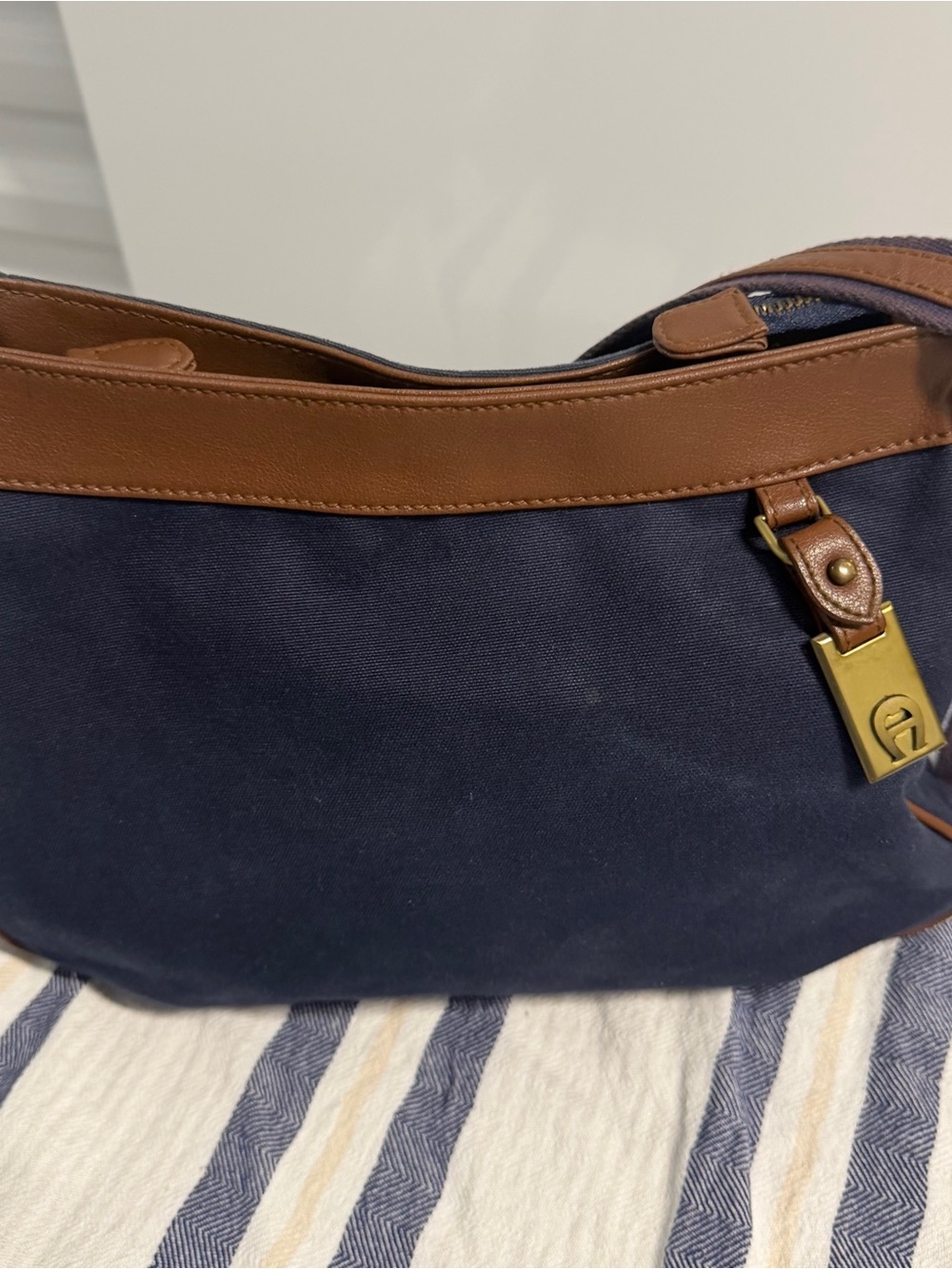 Etienne Aigner Navy Canvas Brown Trim Crossbody Bag Vintage Logo Everyday Purse